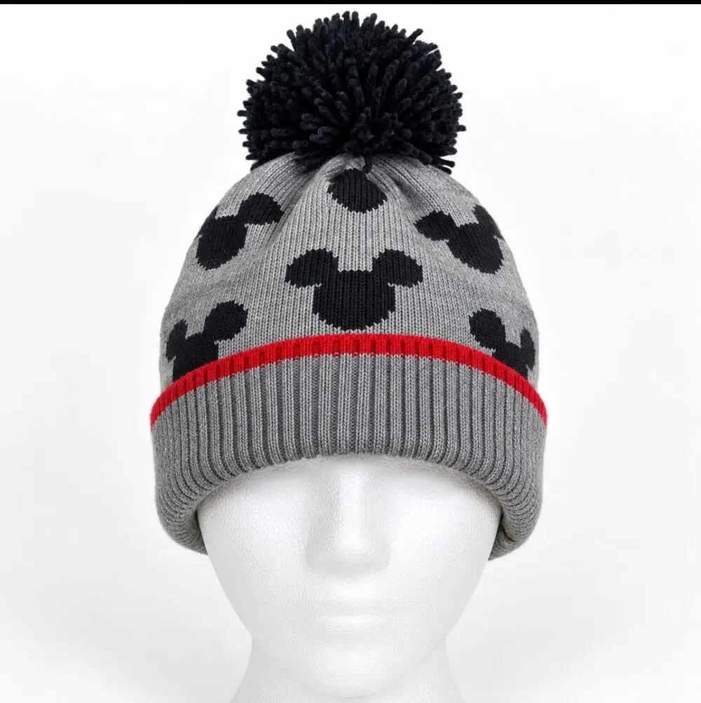 Baby GAP Disney Mickey Mouse Beanie 12-24M Gray Red Pom Pom Fleece Lined